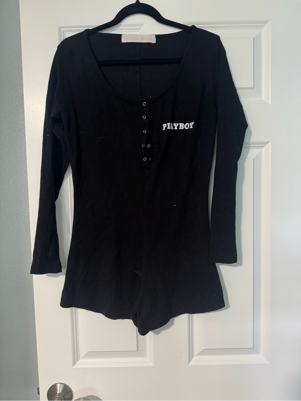 PLAYBOY Black Long-Sleeve Henley Romper with White Logo